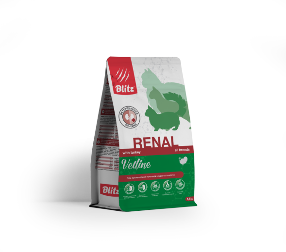 Blitz Vetline Renal диетический полнорационный сухой корм для взрослых кошек при хронической почечной недостаточности - 1,5 кг