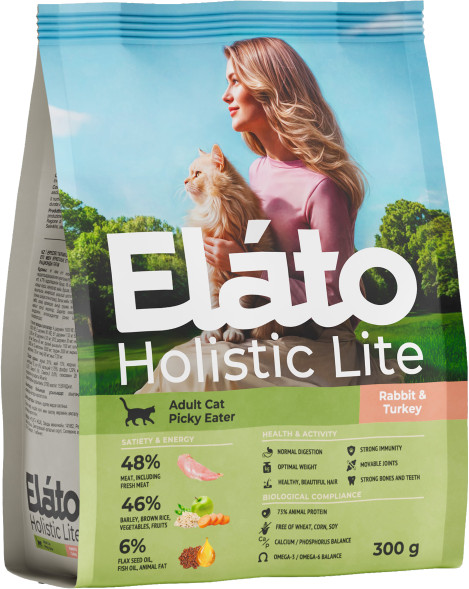 Elato Holistic Lite полнорационный сухой корм для взрослых кошек, с кроликом и индейкой - 300 г