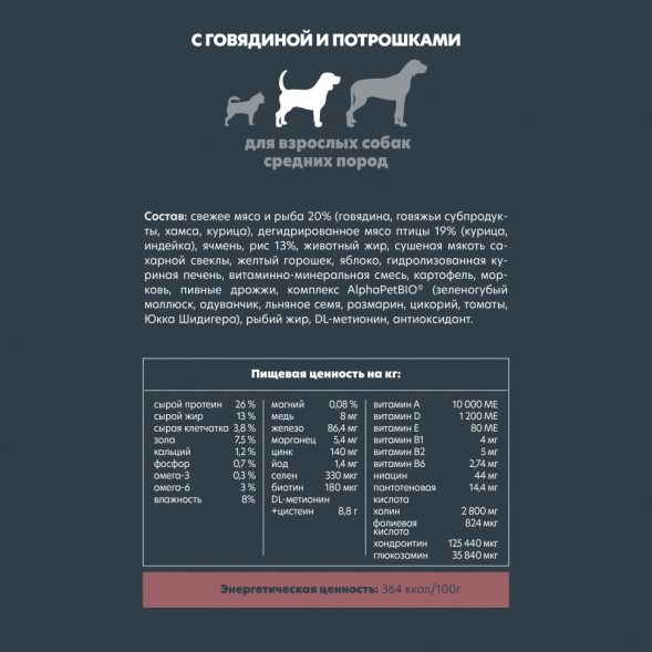 AlphaPet Superpremium сухой полнорационный корм для взрослых собак средних пород с говядиной и потрошками - 2 кг