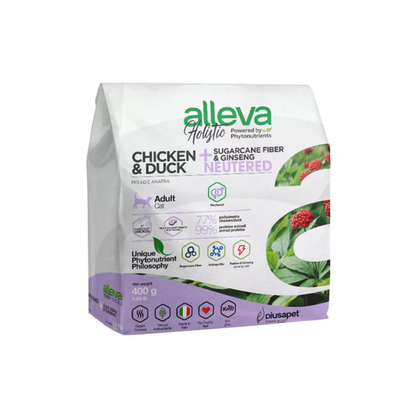 Alleva Holistic Cat Neutered сухой корм для кастрированных котов и стерилизованных кошек с курицей и уткой, волокнами сахарного тростника и женьшенем - 400 г