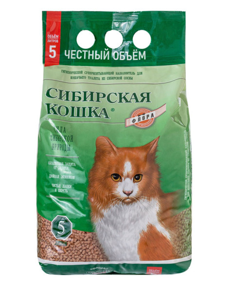 Сибирская Кошка &quot;Флора&quot; древесный наполнитель для кошачьего туалета, гранулы 6 мм - 5 л