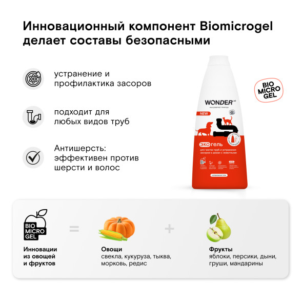 WONDER LAB экогель для чистки труб и устранения засоров в домах с животными - 1,1 л