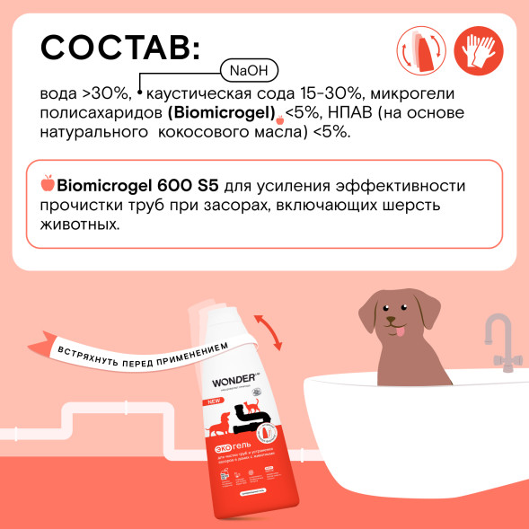 WONDER LAB экогель для чистки труб и устранения засоров в домах с животными - 1,1 л
