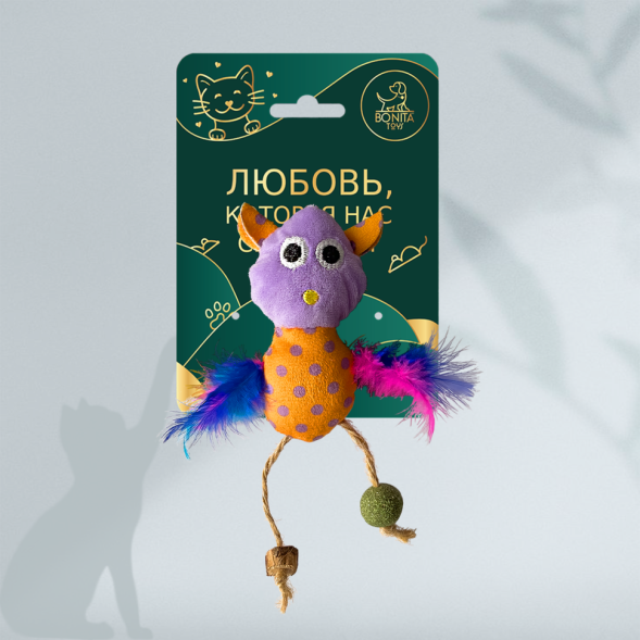 BONITAPET игрушка для кошек Сова с перьями, 10 см