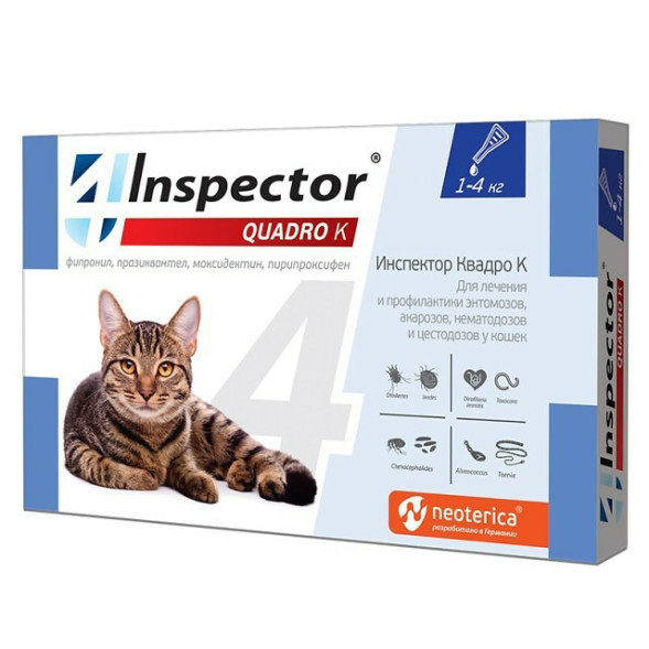 Inspector Quadro К капли от наружных и внутренних паразитов для кoшек весом 1-4 кг - 1 пипетка
