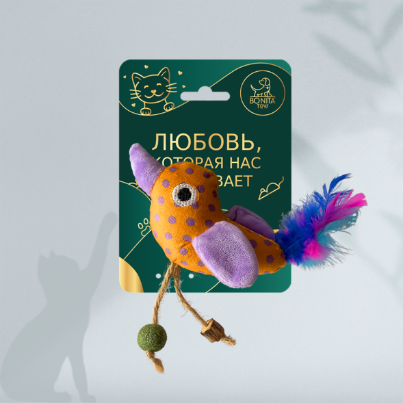 BONITAPET игрушка для кошек Птичка с перьями, 11 см