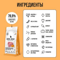 BOWL WOW сухой корм для кошек с чувствительным пищеварением, с индейкой и тыквой - 400 г