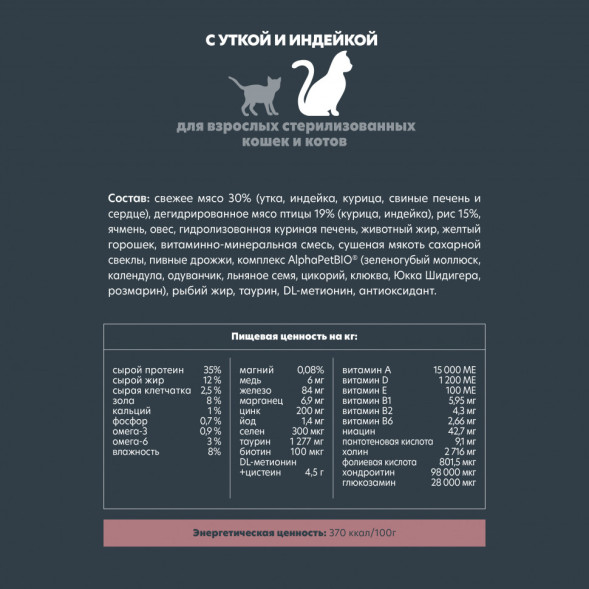 AlphaPet Superpremium сухой полнорационный корм для взрослых стерилизованных кошек и котов с уткой и индейкой - 3 кг