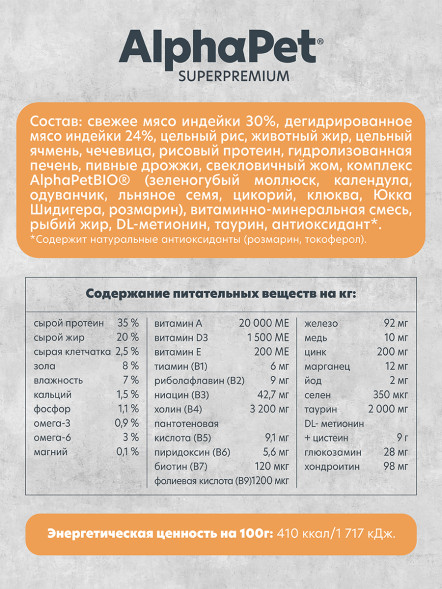 AlphaPet Superpremium Monoprotein сухой корм для котят, беременных и кормящих кошек с индейкой - 1,5 кг