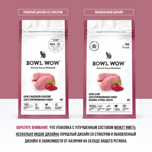 BOWL WOW сухой корм для стерилизованных кошек, с индейкой и свеклой - 4 кг