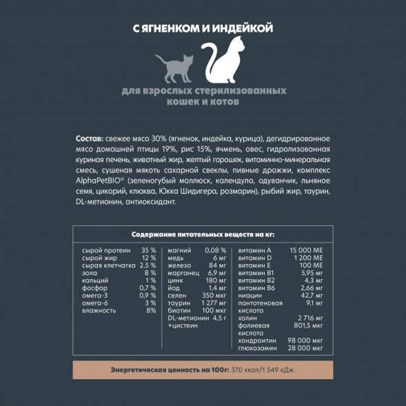 AlphaPet Superpremium сухой полнорационный корм для взрослых стерилизованных кошек и котов с ягненком и индейкой - 3 кг