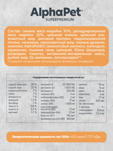 AlphaPet Superpremium Monoprotein сухой корм для щенков, беременных и кормящих собак мелких пород с индейкой - 1,5 кг