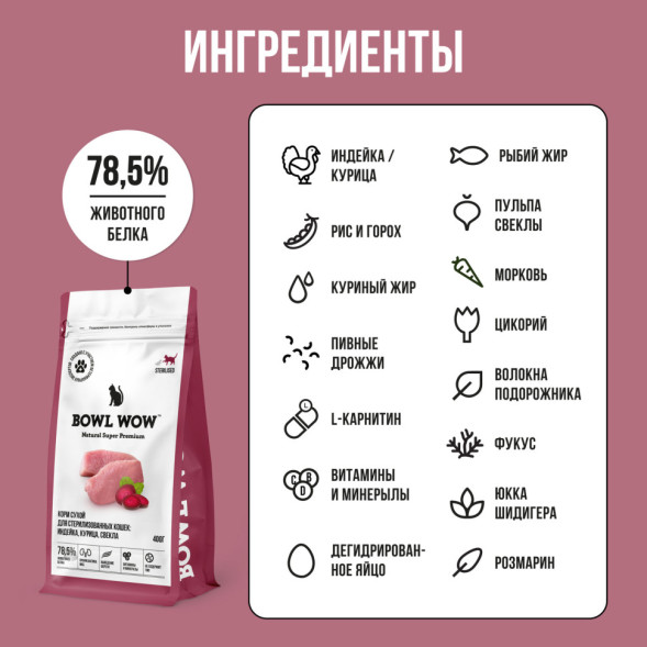 BOWL WOW сухой корм для стерилизованных кошек, с индейкой и свеклой - 400 г