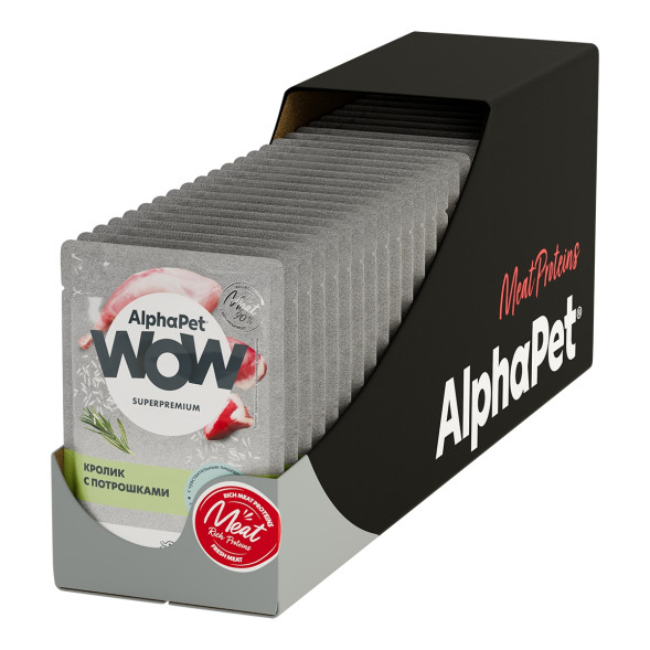 AlphaPet WOW Superpremium влажный корм для взрослых кошек с чувствительным пищеварением с кроликом и потрошками, нежные ломтики в соусе, в паучах - 85 г