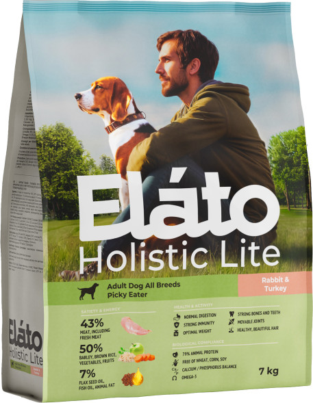 Elato Holistic Lite полнорационный сухой корм для взрослых собак всех пород, с кроликом и индейкой - 7 кг