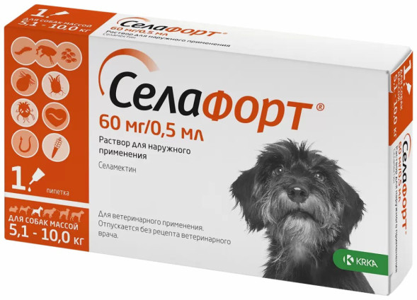 Селафорт капли от блох, вшей и власоедов для собак весом от 5,1 до 10 кг - 1 пипетка (60 мг/0,5 мл)