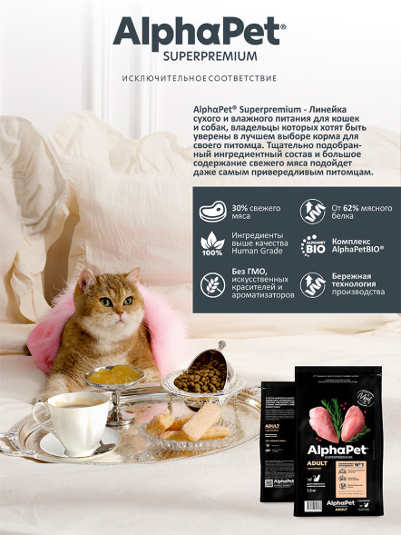 AlphaPet Superpremium сухой корм для взрослых кошек с цыпленком - 1,5 кг