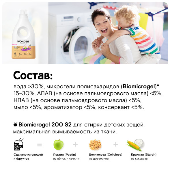 WONDER LAB экогель для стирки детских вещей, цветы хлопка - 1 л