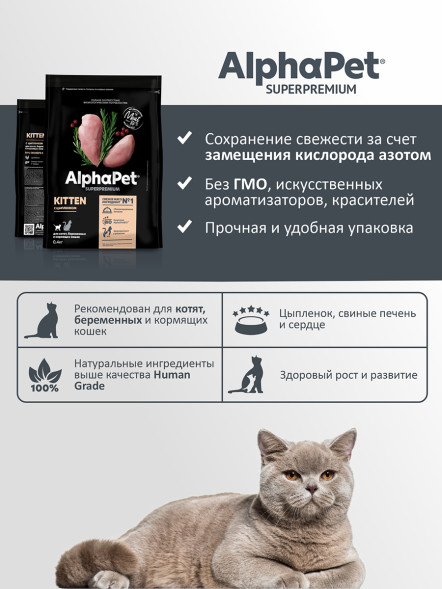 AlphaPet Superpremium сухой полнорационный корм для котят, беременных и кормящих кошек с цыпленком - 400 г