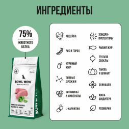 BOWL WOW сухой корм для щенков мелких пород с индейкой, рисом и шпинатом - 2 кг