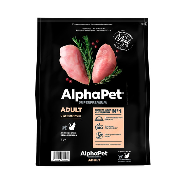 AlphaPet Superpremium сухой корм для взрослых кошек с цыпленком - 7 кг