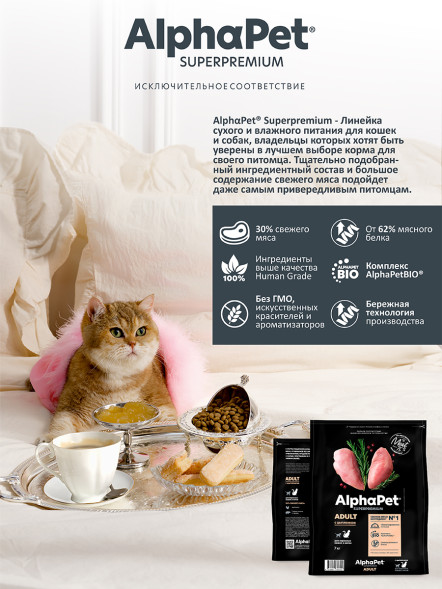 AlphaPet Superpremium сухой корм для взрослых кошек с цыпленком - 7 кг