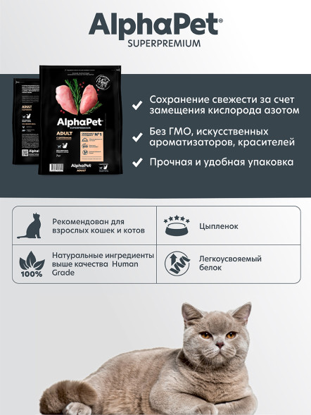 AlphaPet Superpremium сухой корм для взрослых кошек с цыпленком - 7 кг