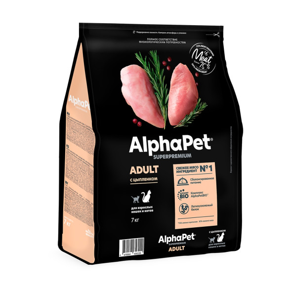 AlphaPet Superpremium сухой корм для взрослых кошек с цыпленком - 7 кг
