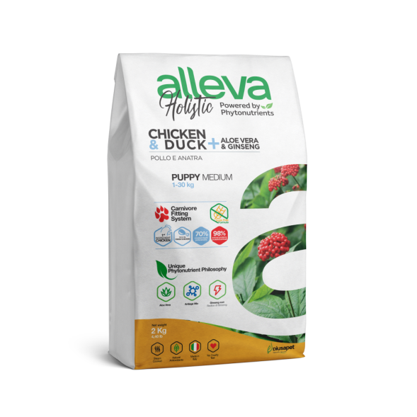 Alleva Holistic Puppy/Junior Chicken Medium сухой корм для щенков и юниоров с курицей и уткой, алое вера и женьшенем - 2 кг