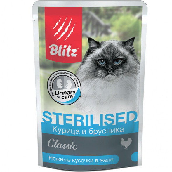 Blitz Classic Cat Adult Sterilised влажный корм для стерилизованных кошек, с курицей и брусникой в желе, в паучах - 85 г