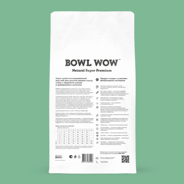 BOWL WOW сухой корм для щенков мелких пород с индейкой, рисом и шпинатом - 800 г