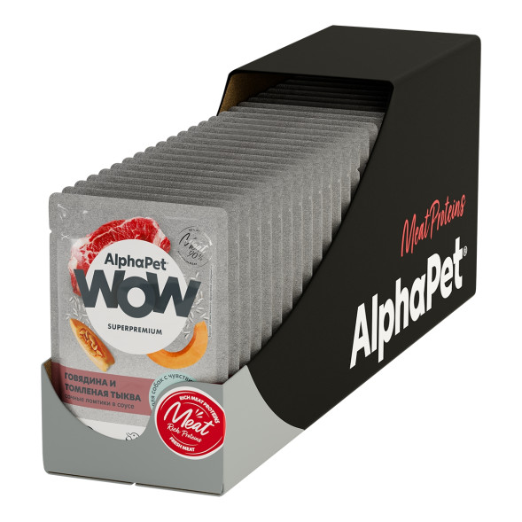 AlphaPet WOW Superpremium влажный корм для взрослых собак всех пород с чувствительным пищеварением с говядиной и томленной тыквой, сочные ломтики в соусе, в паучах - 85 г