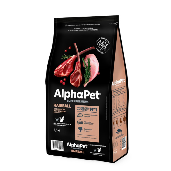 AlphaPet Superpremium Hairball сухой корм для взрослых кошек для выведения шерсти с ягненком и кроликом - 1,5 кг