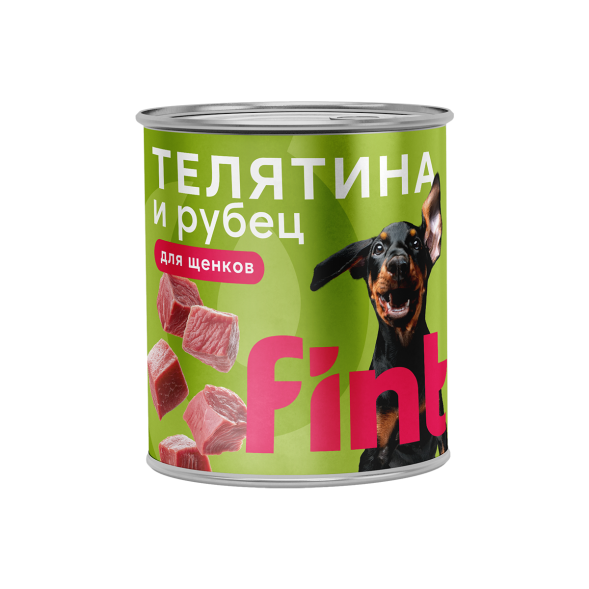 FINT влажный корм для щенков крупных пород с телятиной и рубцом, консервы в ж/б, 850 г