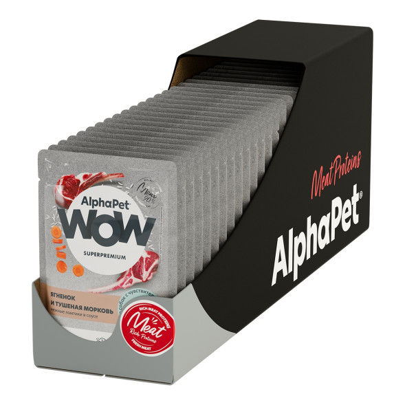 AlphaPet WOW Superpremium влажный корм для взрослых собак всех пород с чувствительным пищеварением с ягненком и тушенной морковью, нежные ломтики в соусе, в паучах - 85 г