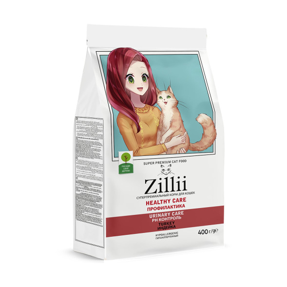 Zillii Healthy Care Urinary Care Профилактика сухой гипоаллергенный корм для взрослых кошек для контроля РН с индейкой - 400 г