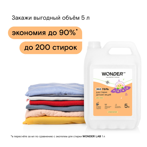 WONDER LAB экогель для стирки детских вещей, цветы хлопка - 5 л