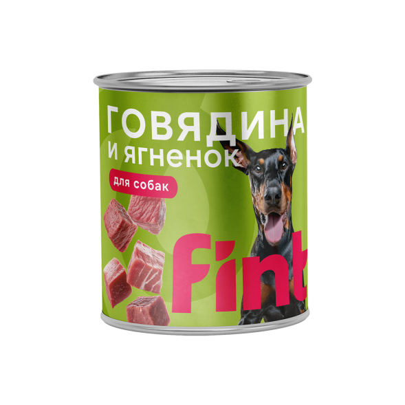 FINT влажный корм для взрослых собак крупных пород с  говядиной и ягненком, консервы в ж/б, 850 г