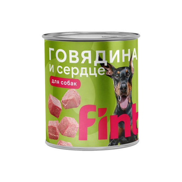 FINT влажный корм для взрослых собак крупных пород с говядиной и сердцем, консервы в ж/б, 850 г