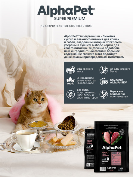 AlphaPet Superpremium сухой корм для взрослых кошек крупных пород с уткой и цыпленком - 400 г
