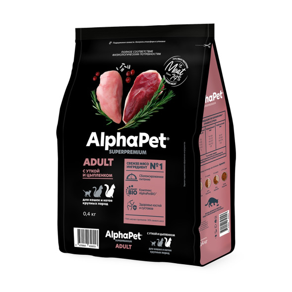 AlphaPet Superpremium сухой корм для взрослых кошек крупных пород с уткой и цыпленком - 400 г