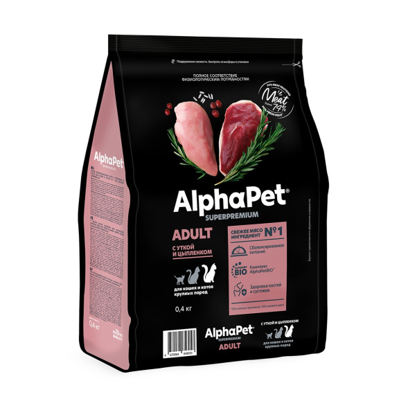 AlphaPet Superpremium сухой корм для взрослых кошек крупных пород с уткой и цыпленком - 400 г