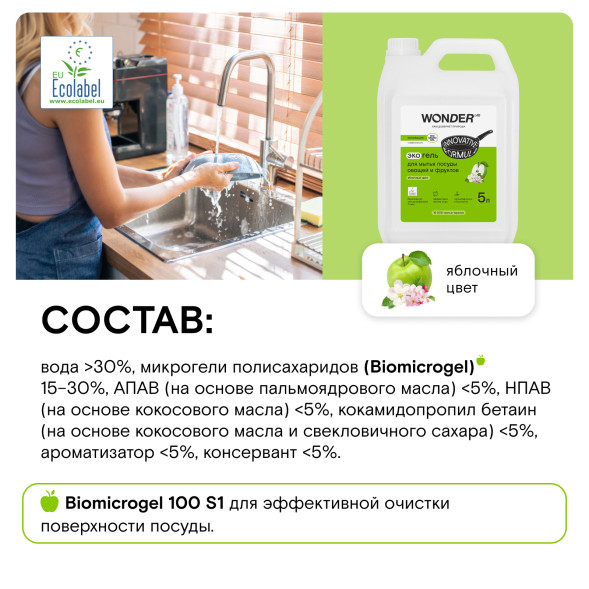 WONDER LAB экогель для мытья посуды, яблочный цвет - 5 л