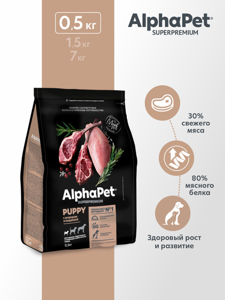 AlphaPet Superpremium сухой полнорационный корм для щенков, беременных и кормящих собак мелких пород с ягненком и индейкой - 500 г