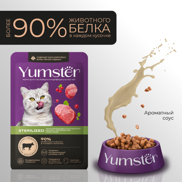 Yumster Sterilized влажный корм для стерилизованных кошек с говядиной и брусникой в соусе, в паучах - 85 г