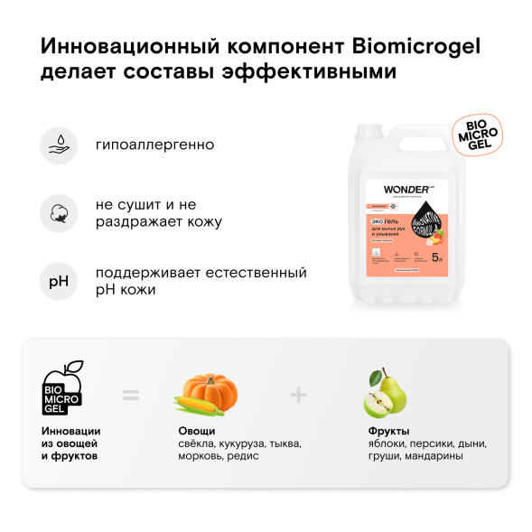 WONDER LAB экогель для мытья рук и умывания, розовые персики - 5 л