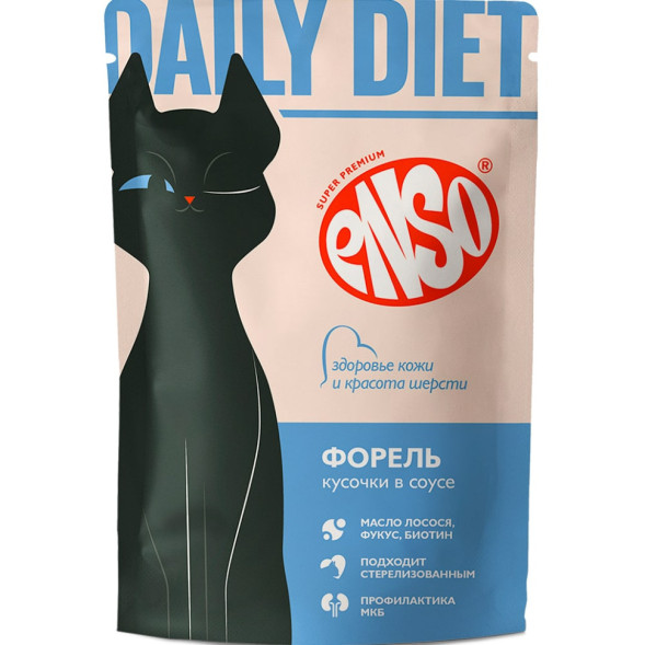 ENSO DAILY DIET влажный корм для взрослых кошек для поддержания здоровья кожи и красоты шерсти, кусочки в соусе с форелью, в паучах - 85 г