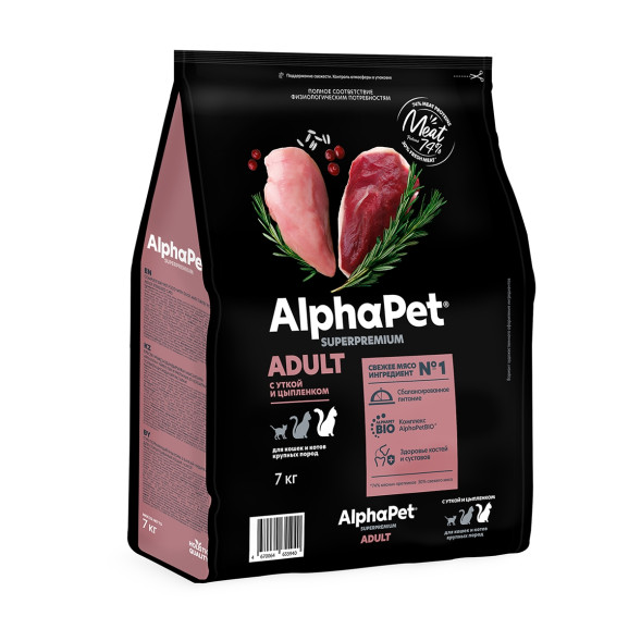 AlphaPet Superpremium сухой корм для взрослых кошек крупных пород с уткой и цыпленком - 7 кг