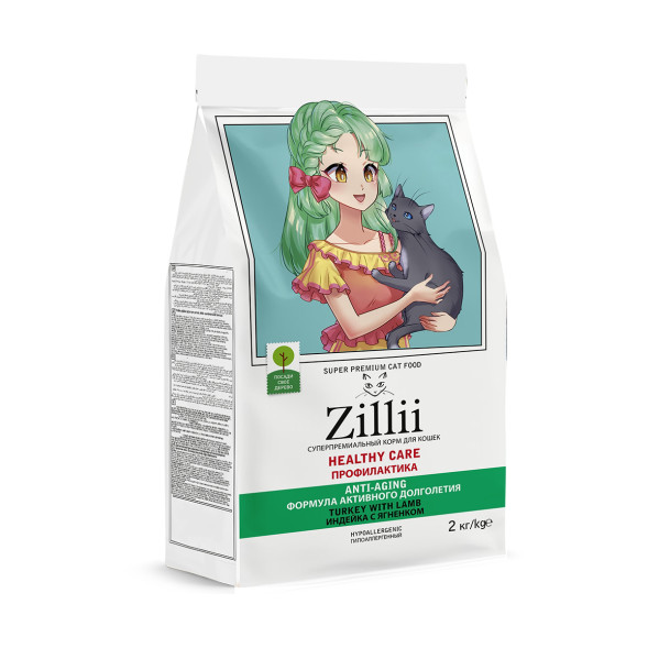Zillii Healthy Care Anti-aging Профилактика сухой гипоаллергенный корм для взрослых кошек, формула активного долголетия с индейкой и ягненком - 2 кг