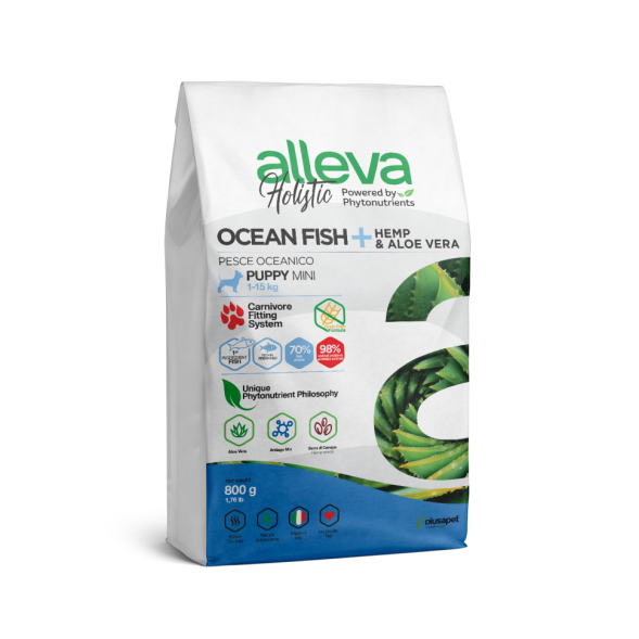 Alleva Holistic Puppy/Junior Ocean Fish Mini сухой корм для щенков и юниоров с океанической рыбой, коноплей и алое вера - 800 г